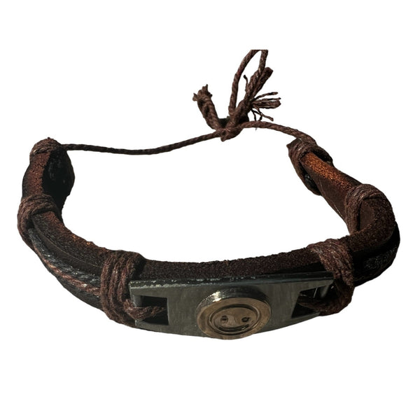 Leather Yin Yang Peace Sign Adjustable Cuff Bracelet Boho with Metal Pendant