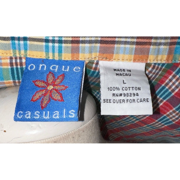 Vintage Onque Casuals Plaid Tassel Hem Collared Crop Top Sz L Womens MultiColor 3/4 Sleeve