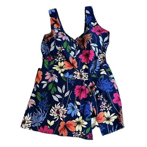 Coldwater Creek Blue Hawaiian Floral Split Hem Swimsuit Dress Sz 16 Womens Blue Buckle