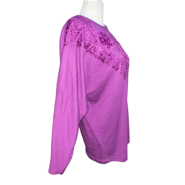 Vintage Cervelle Embroidered Patch Front Crew Neck Blouse Sz S Womens Purple Lace Long Sleeve
