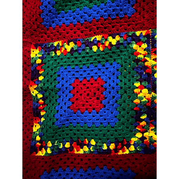 Vintage Granny Squares Geometric Handmade Afghan 86" x 46" Red, Green, Blue, Yellow, Orange