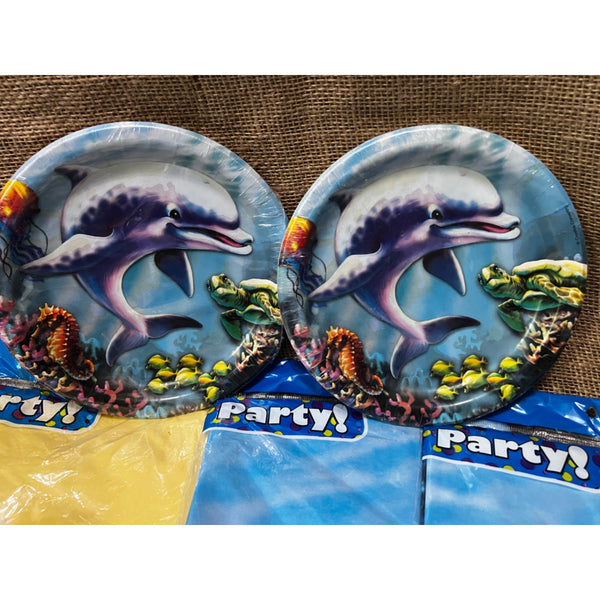 11 Piece Assorted Birthday Party Decor with Dolphin Theme Plates & Table Cover