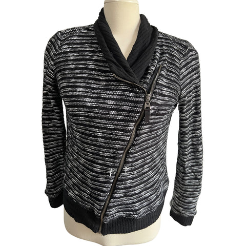 Splendid Black & White Knit Cardigan Sweater Sz M Womens Zip Front Long Sleeve