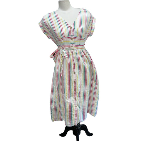 Ann Taylor LOFT V Neck Rainbow Stripe Midi Dress Sz 8P (M) Womens Short Rolled Sleeve Casual Summer