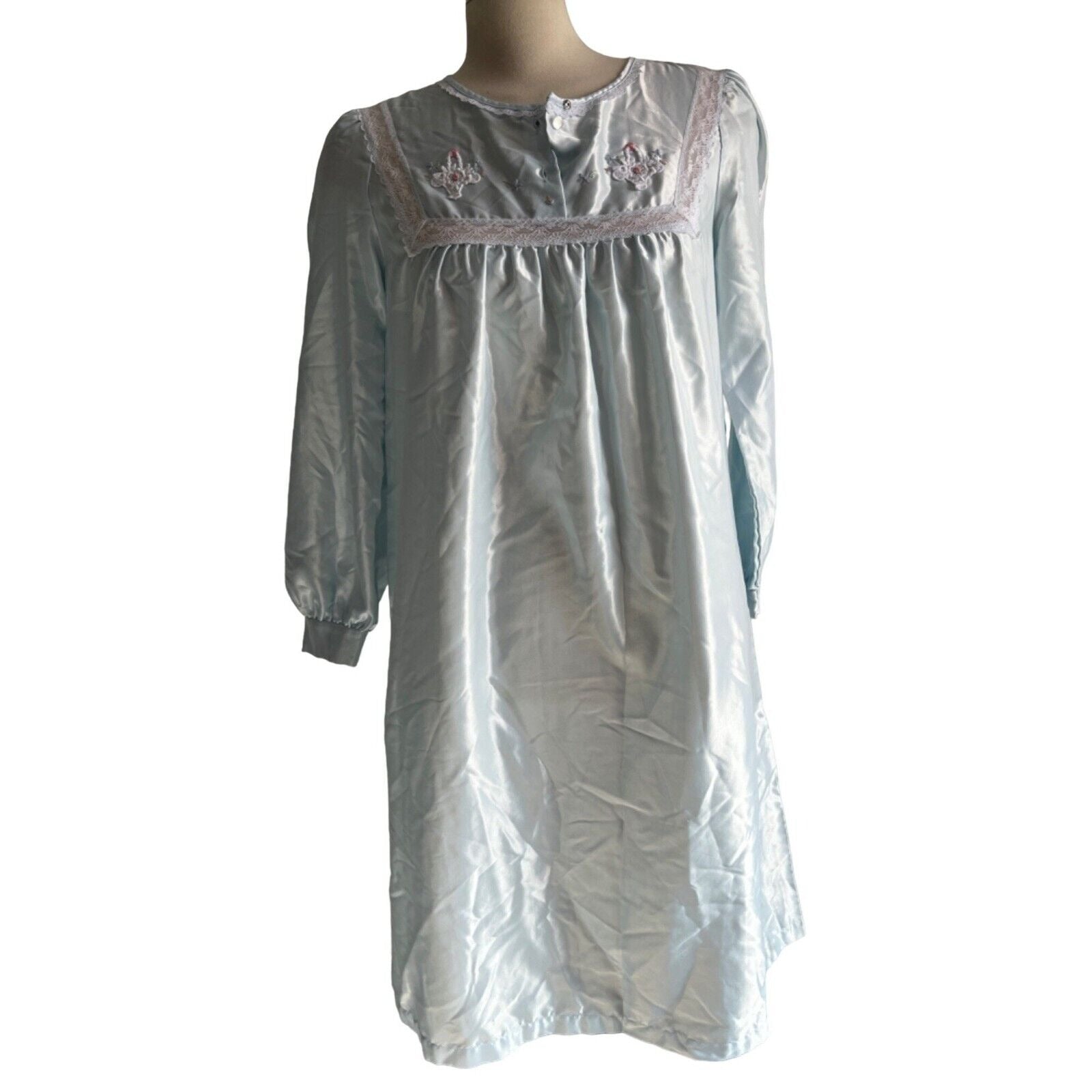 Vintage Silky Nightgown by Barbizon Sz Small Womens Baby Blue Floral Lace