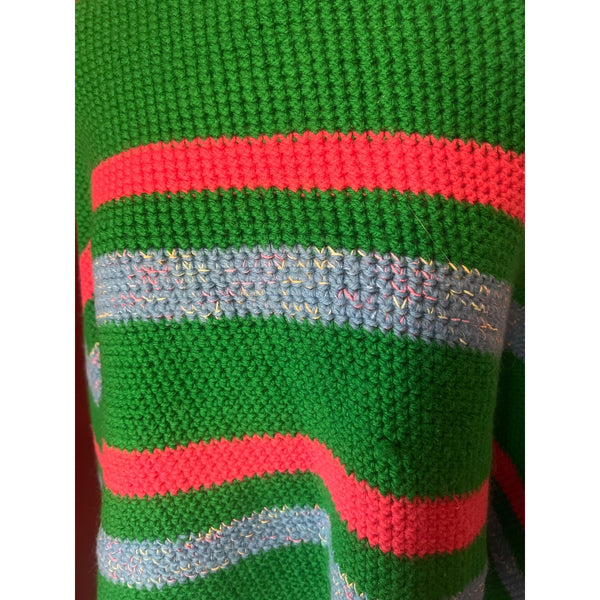 Vintage Knit Pashmina Poncho Shawl One Size Green with Pink & Blue Stripes