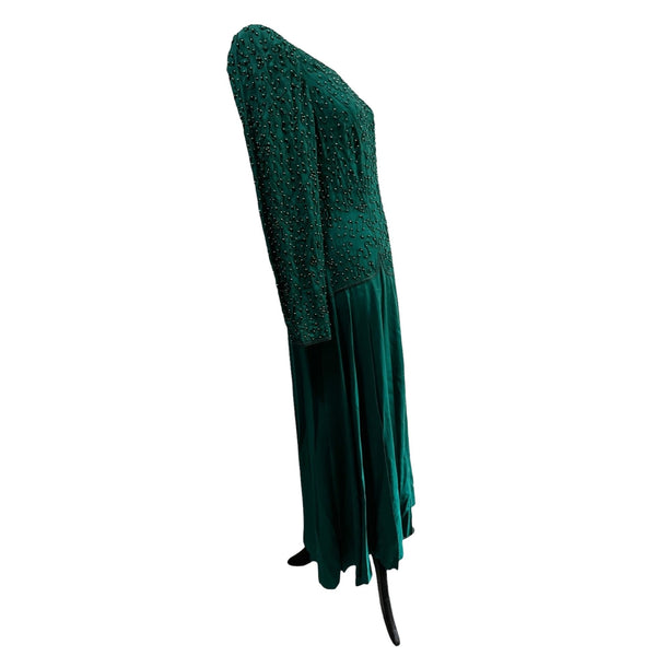 Vintage Sarah Elizabeth Beaded Teal Green Round Neck Dress Sz 14 Womens Pleated Skirt