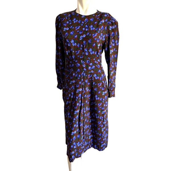 Vintage Floral Dress Sz Small Green & Blue Fit & Flare 3/4 Sleeve by Breli Originals