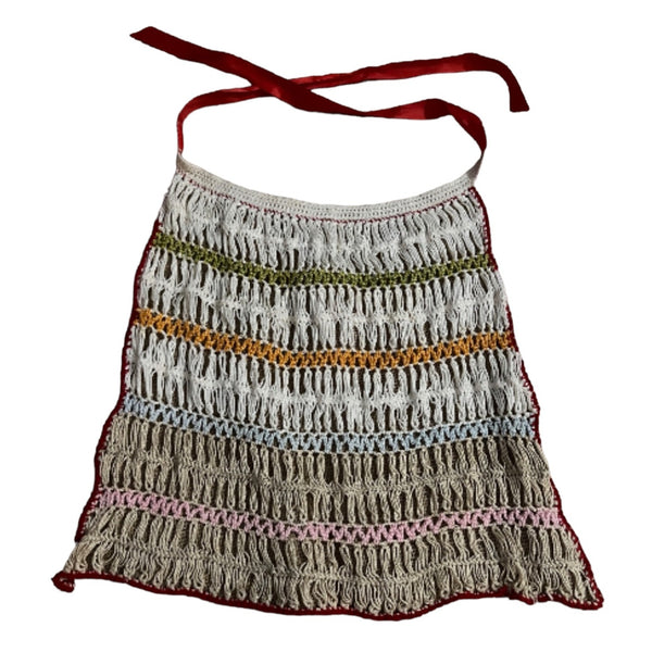 Vintage Crochet Apron with Waist Band Striped Red, Beige, Orange, and Green