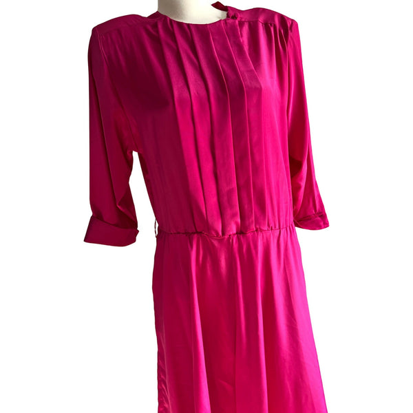 Vintage Carriage Court Hot Pink Swing Dress Sz 16 Petite Silky Midi 3/4 Sleeve