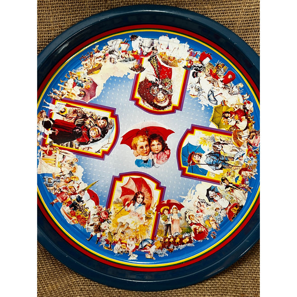 Vintage Round Metal Serving Tray with Victorian Era Boys & Girls Playing Cute Retro Decor