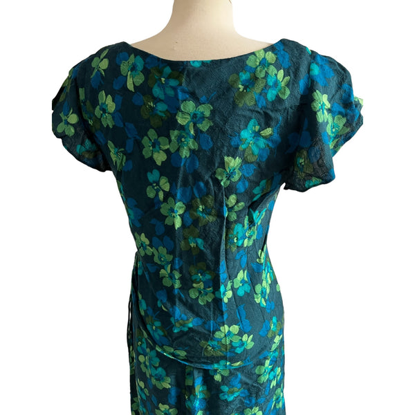 Vintage Karin Stevens Blue Green Floral Skirt Set Sz 10 Womens Short Sleeve