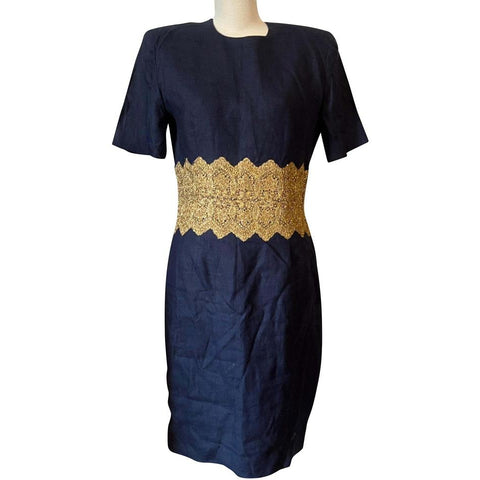 Vintage Steven Stolman Linen Dress Sz 12 Navy Blue w/ Gold Embellishment