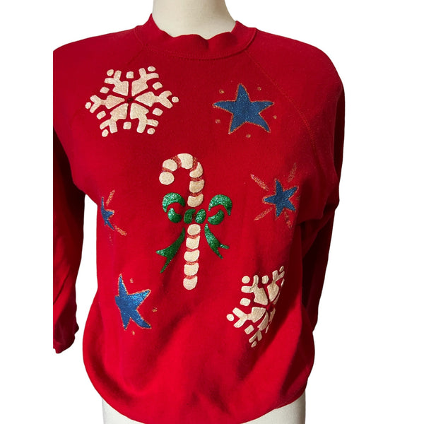 Vintage Handmade Puff Paint Christmas Sweatshirt Sz M Womens Red Candy Cane Snowflakes