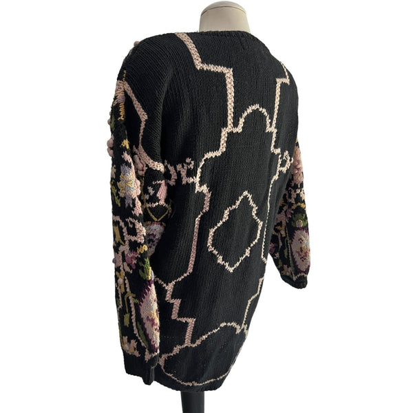 Vintage Cullinane Hand Knit Floral Sweater Sz L Womens Black Long Sleeve