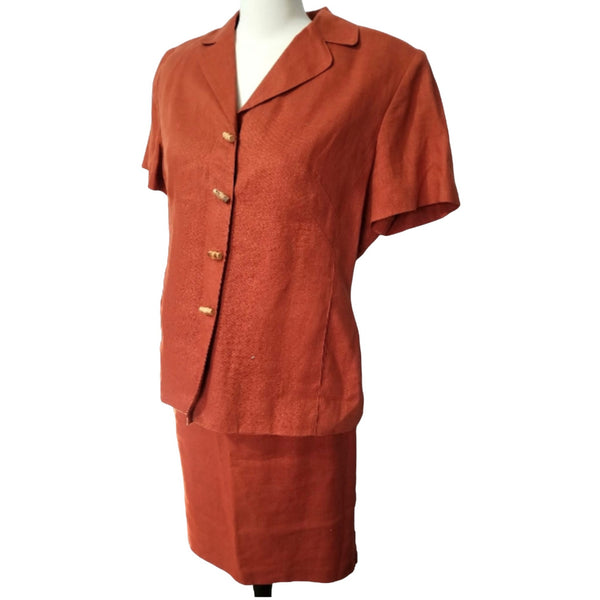 Plaza South Linen Vintage Skirt Set Sz 14 Petite by Plaza South Petite Burnt Orange Bamboo Buttons