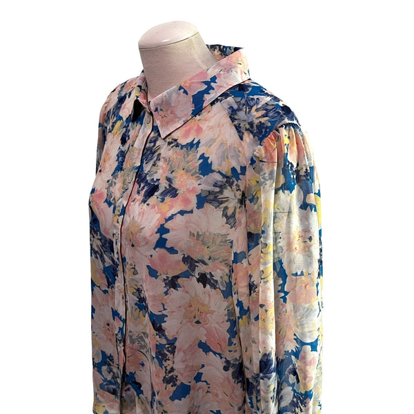 Sanctuary Sheer Floral Peasant Sleeve Button Down Collared Blouse Sz XXL Womens Blue & Pink
