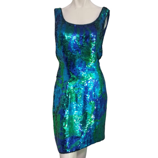 Vintage Sequined Beaded Formal Cocktail Dress Sz XL by Sean Blue & Green Dazzling Homecoming Prom
