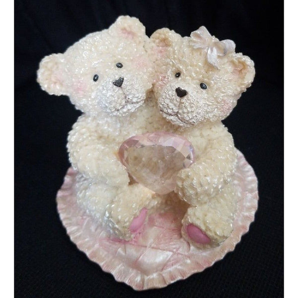 Double Teddy Bear Collectible Gift Figurine Love Bears Holding Rhinestone Heart