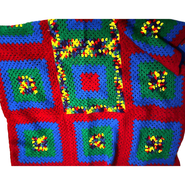 Vintage Granny Squares Geometric Handmade Afghan 86" x 46" Red, Green, Blue, Yellow, Orange
