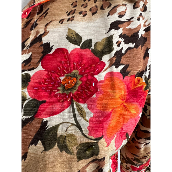 Vintage Silk Land Beaded Floral Button Down Shirt Sz L Cheetah Print & Floral