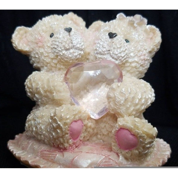 Double Teddy Bear Collectible Gift Figurine Love Bears Holding Rhinestone Heart