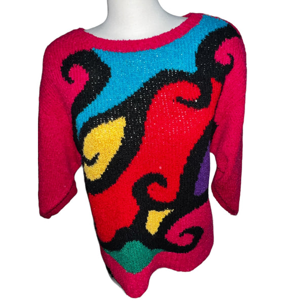 Vintage Beldoch Popper Geometric Colorful 80's Knit Sweater Sz L Womens Long Sleeve Round Neck