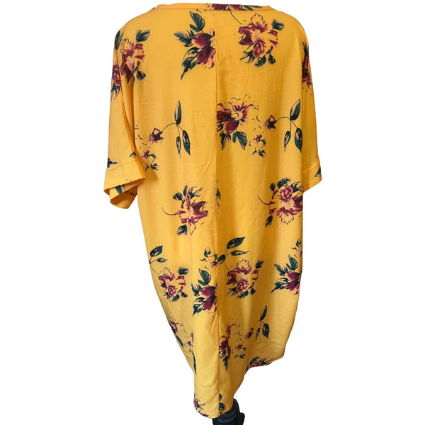 Flowy Yellow Floral Sheath Dress Unsized appx 1x short sleeve Scoop Neck