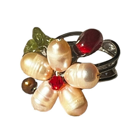Beaded Floral Adjustable Fashion Ring with Silver Stranded Band
