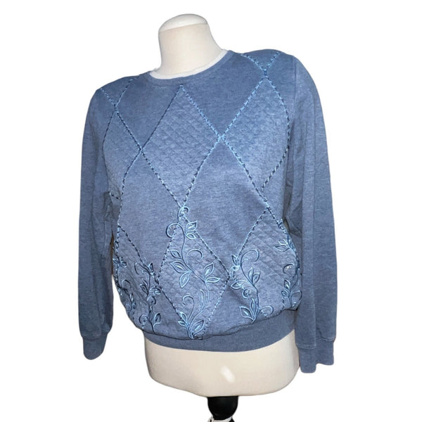 Vintage Alfred Dunner Quilted Embroidered Eighties Sweater Sz S Womens Blue Crewneck Long Sleeve