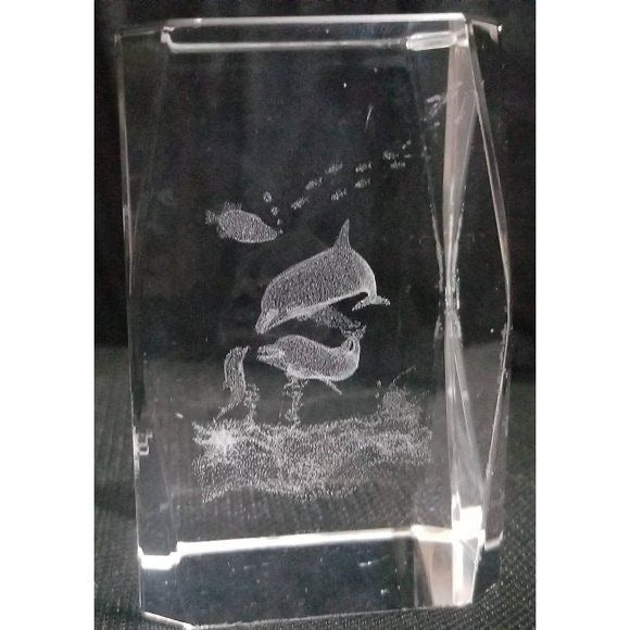 Dolphin Family Paperweight Etched Crystal Marine Life Office Decor
