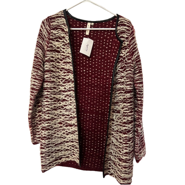 NWT My Beloved Cream & Burgundy Sz S/M Long Sleeve Woven Cardigan New With Tags