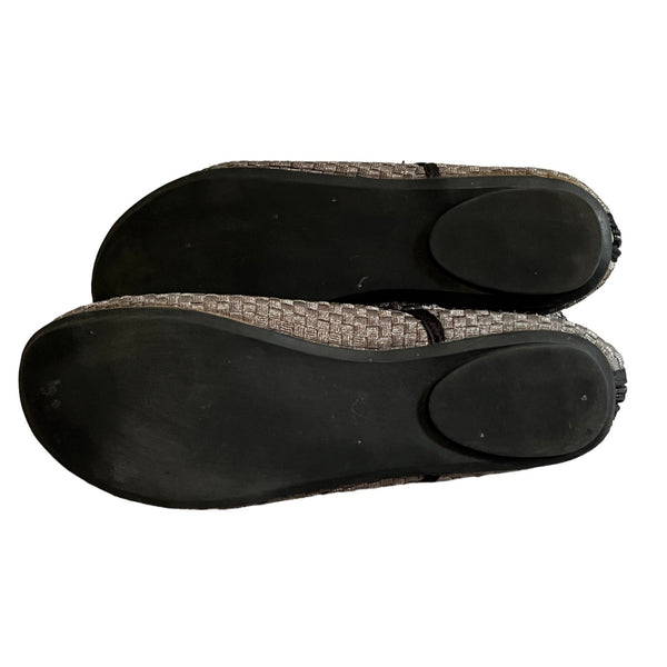 Bernie Mev Metallic Woven Ankle Strap Flats Sz 9 Womens Black & Silver Shoes