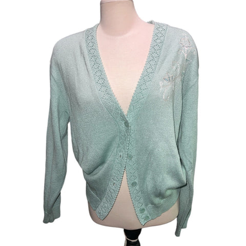 Vintage Southern Lady Deep V Neck Knit Embroidered Cardigan Sz M Womens Aquamarine Green Long Sleeve