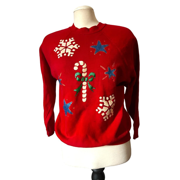 Vintage Handmade Puff Paint Christmas Sweatshirt Sz M Womens Red Candy Cane Snowflakes