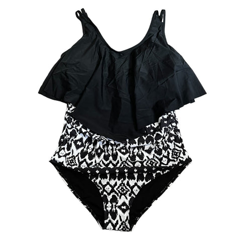 BloomChic NWT Geometric Patchwork Ruffle Trim One Piece Swim Suit Sz 14/16 Black & White