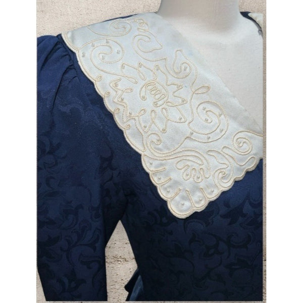 Vintage In the Mood 50's Style Beaded Embroidered Collar Button Front Blouse Sz 10 Womens Navy Blue Cottage Core