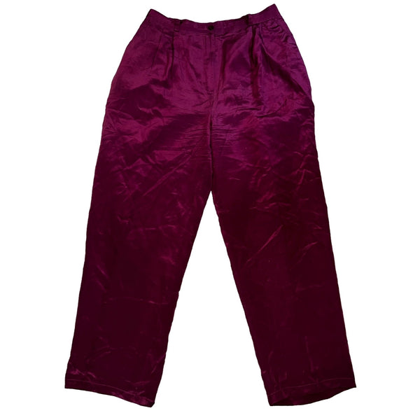 Vintage Bridgewater High Waisted 80's Silk Straight Leg Trouser Pants Sz 14 Petite Womens Burgundy