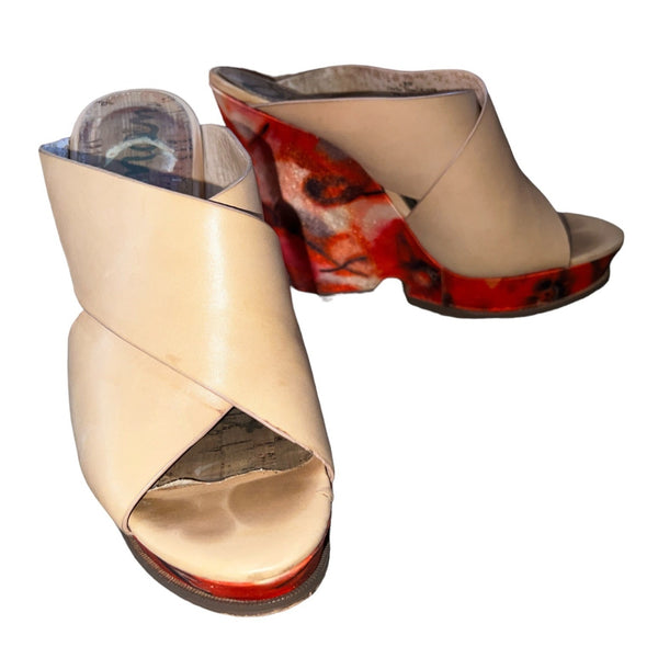 Sam Edelman Jorgla Red Floral Wedge Heels Sz 9 M Leather Open Toe Heels 5"