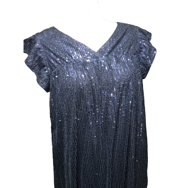 BloomChic NWT Sequin Mesh Pocket Cap Sleeve Ruffle Trim Dress Sz 10 Womens Navy Blue Party Dress