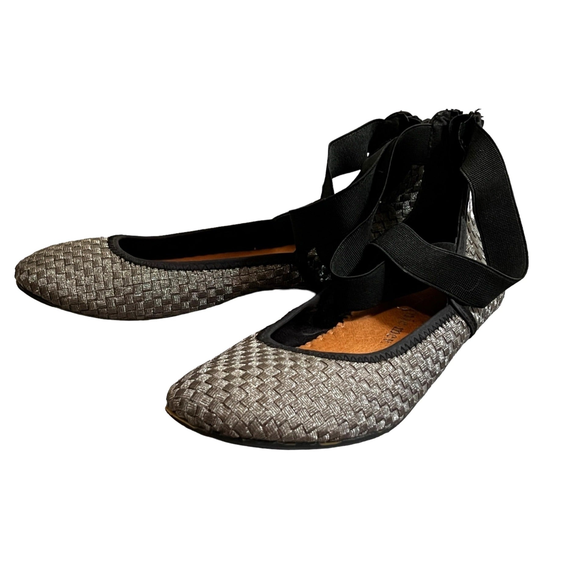 Bernie Mev Metallic Woven Ankle Strap Flats Sz 9 Womens Black & Silver Shoes