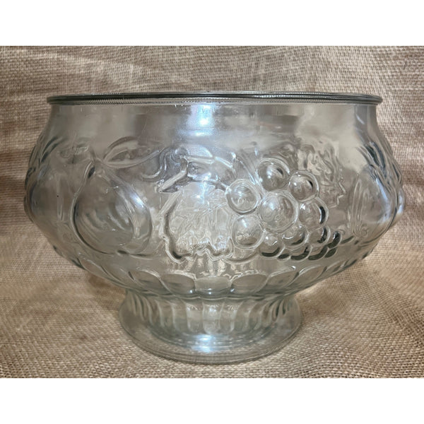 Glass Fruit Bowl Fruit Etching 10" Diameter Clear Molded Grapes Apples Pears Peaches