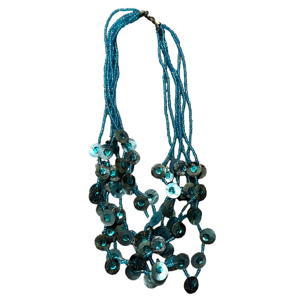 Beaded Turquoise Blue Multi Stranded Shell Necklace with Clasp 10" Womens Shell Jewelry