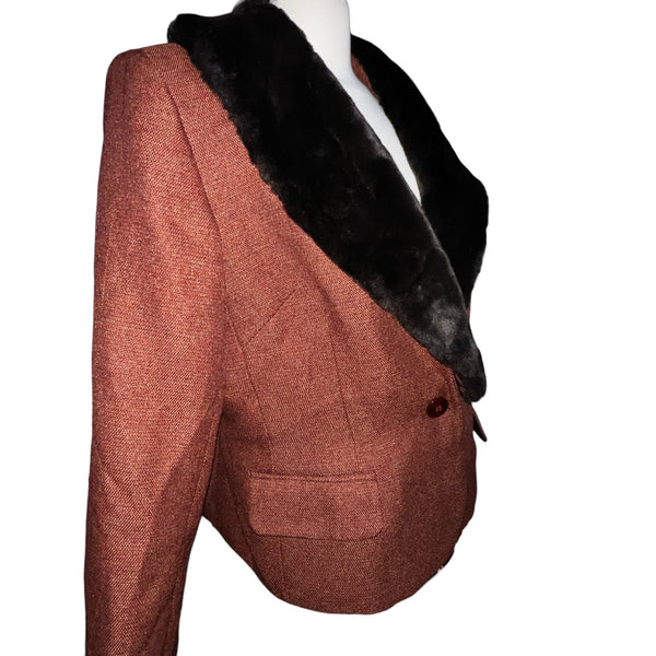 Vintage Sag Harbor Tweed and Fur Collar 90'a Blazer Long Sleeve Sz 14 Womens Brown Long Sleeve