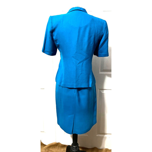 Vintage Norton McNaughton Petite Skirt Suit Set Sz 6 Petite Blue Short Sleeve