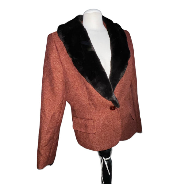 Vintage Sag Harbor Tweed and Fur Collar 90'a Blazer Long Sleeve Sz 14 Womens Brown Long Sleeve