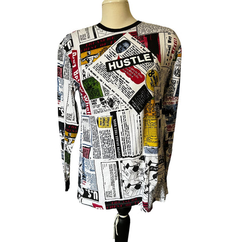 Original Gravity Long Sleeve Graphic T Shirt Sz M Mens Multi Color Hustle Newspaper