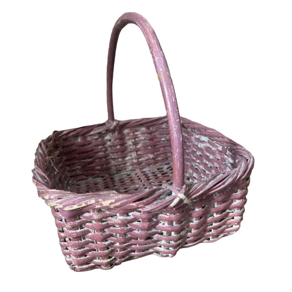Vintage Woven Wicker Basket Pink Easter Gift Basket with Handle 11.5" Square