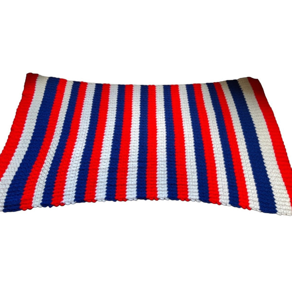 Vintage Handmade Striped Afghan 93" x 52" Red, White, and Blue Patriotic