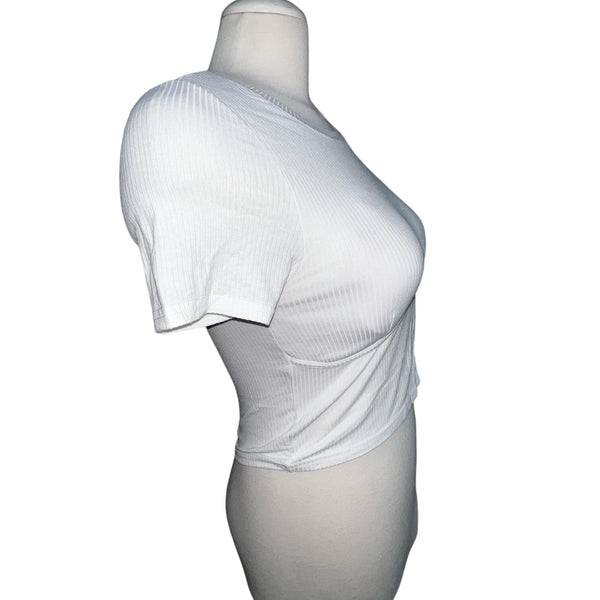 Halara NWT Round Neck Short Sleeve Jacquard Cropped Yoga Sports Top Sz L Womens White